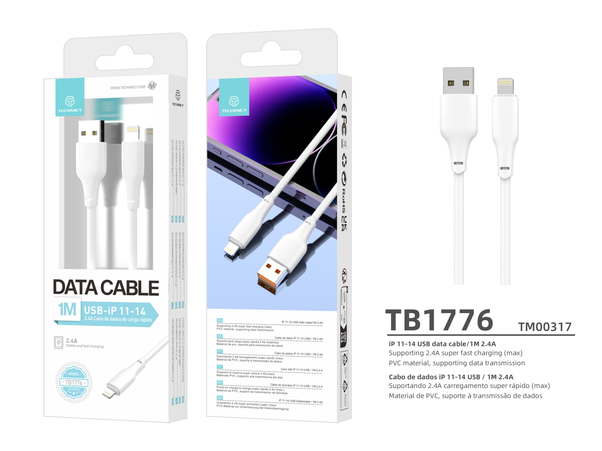 Techancy USB-Lightning Cable White 1m TB1776, Fast Charging 2.4a, Supports Data Transmission, PVC Ma