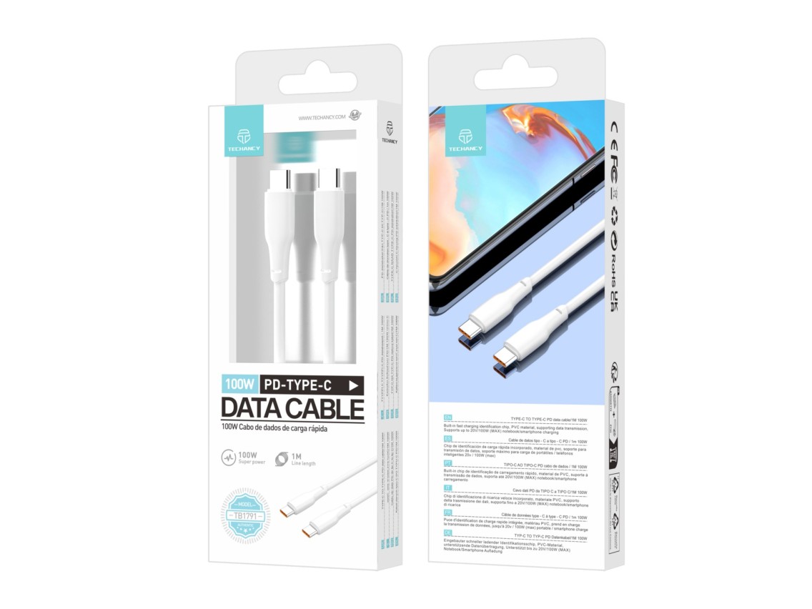 Techancy Cabo De Dados Pd 100w Branco 1m TB1791, Usb C-Usbc De Alta Potência, Compatível Com Computa