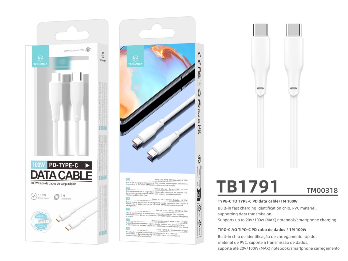 Techancy Cabo De Dados Pd 100w Branco 1m TB1791, Usb C-Usbc De Alta Potência, Compatível Com Computa