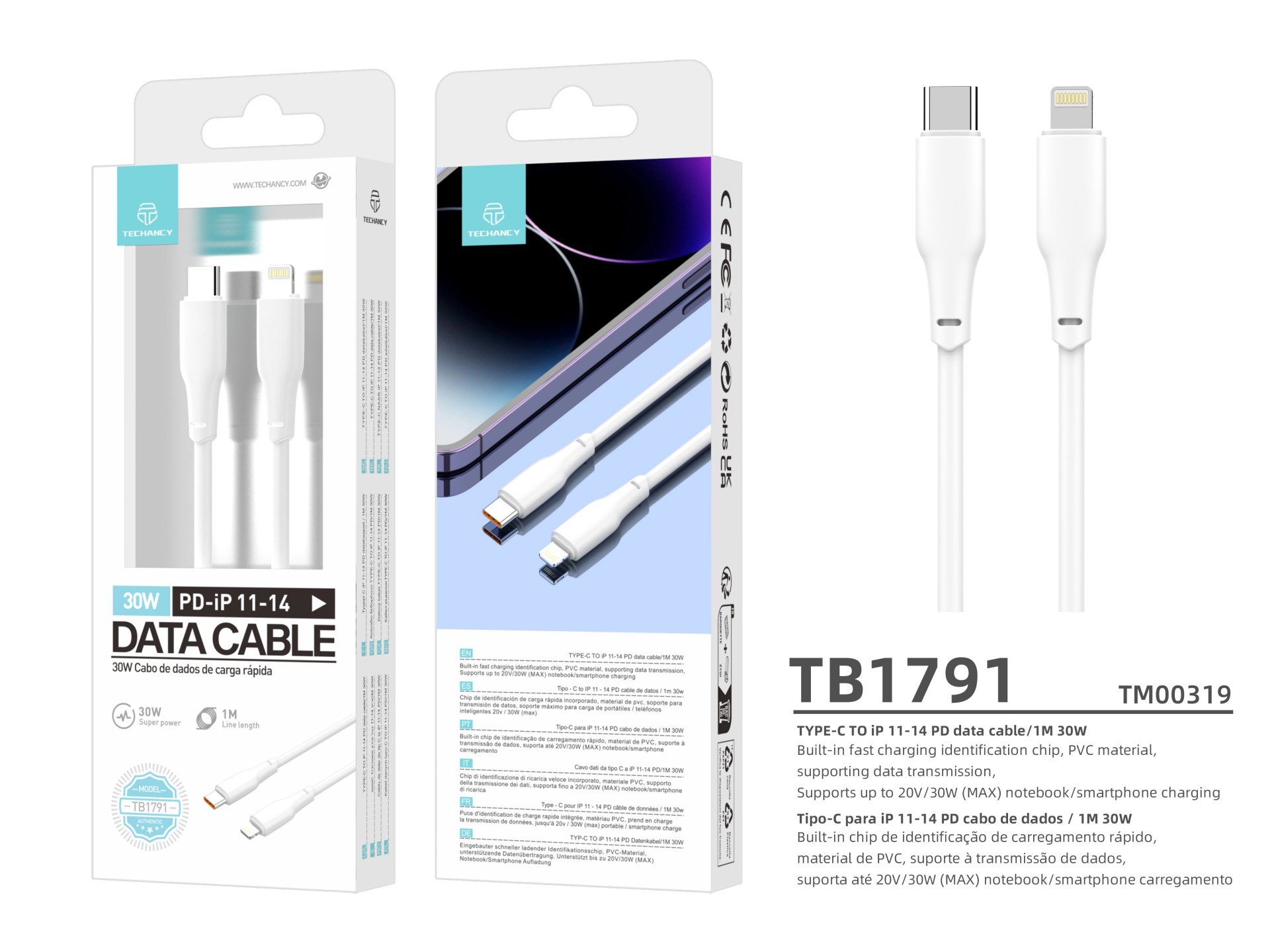 Cable de datos PD Techancy 30 W blanco, 1 m, TB1791, USB C-IPX/11/12-14 de alta potencia, compatible