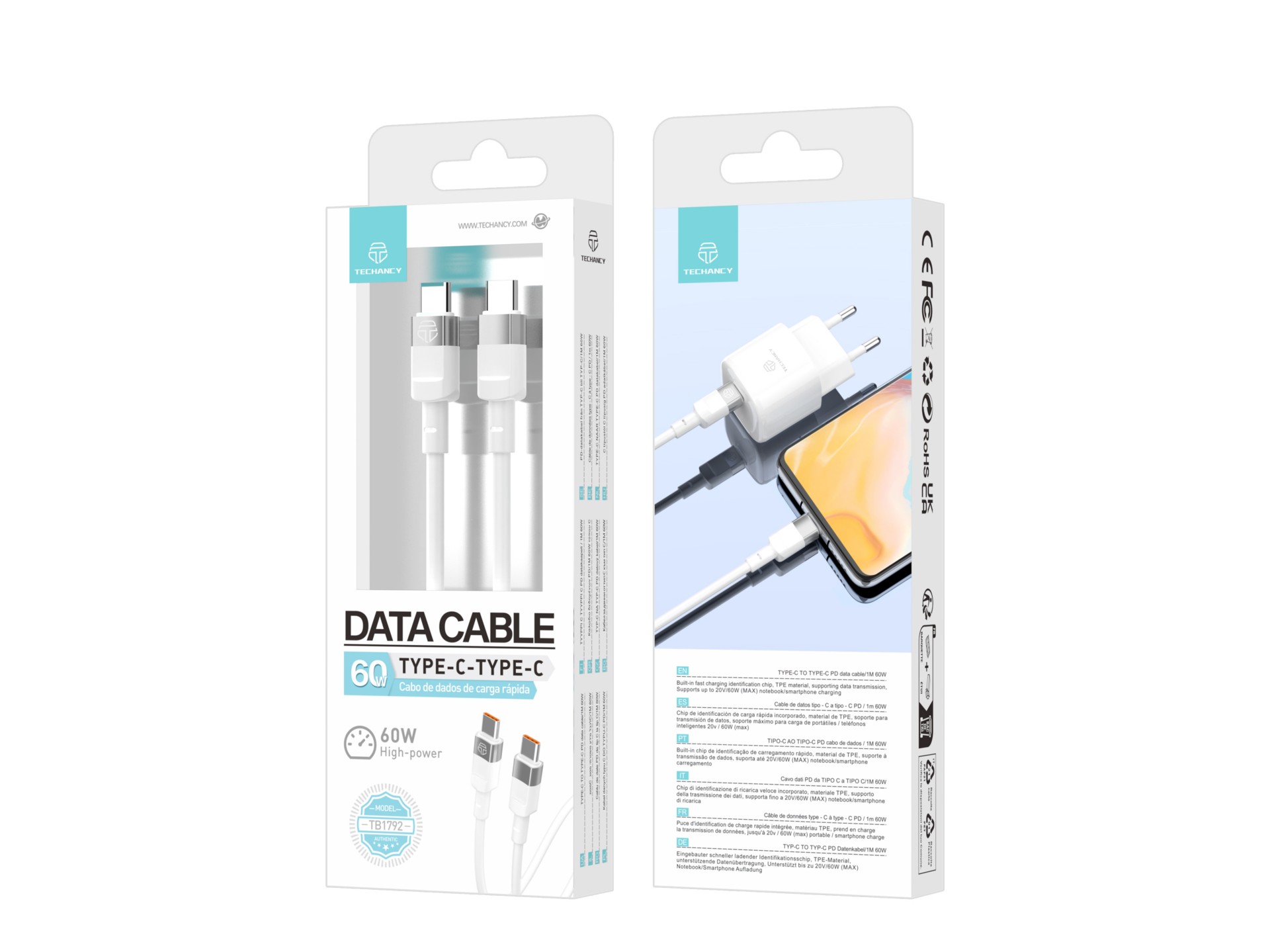 Techancy PD Data Cable 60W White 1m TB1792, USB C-USB C Supports Fast Charging and Data Transfer,