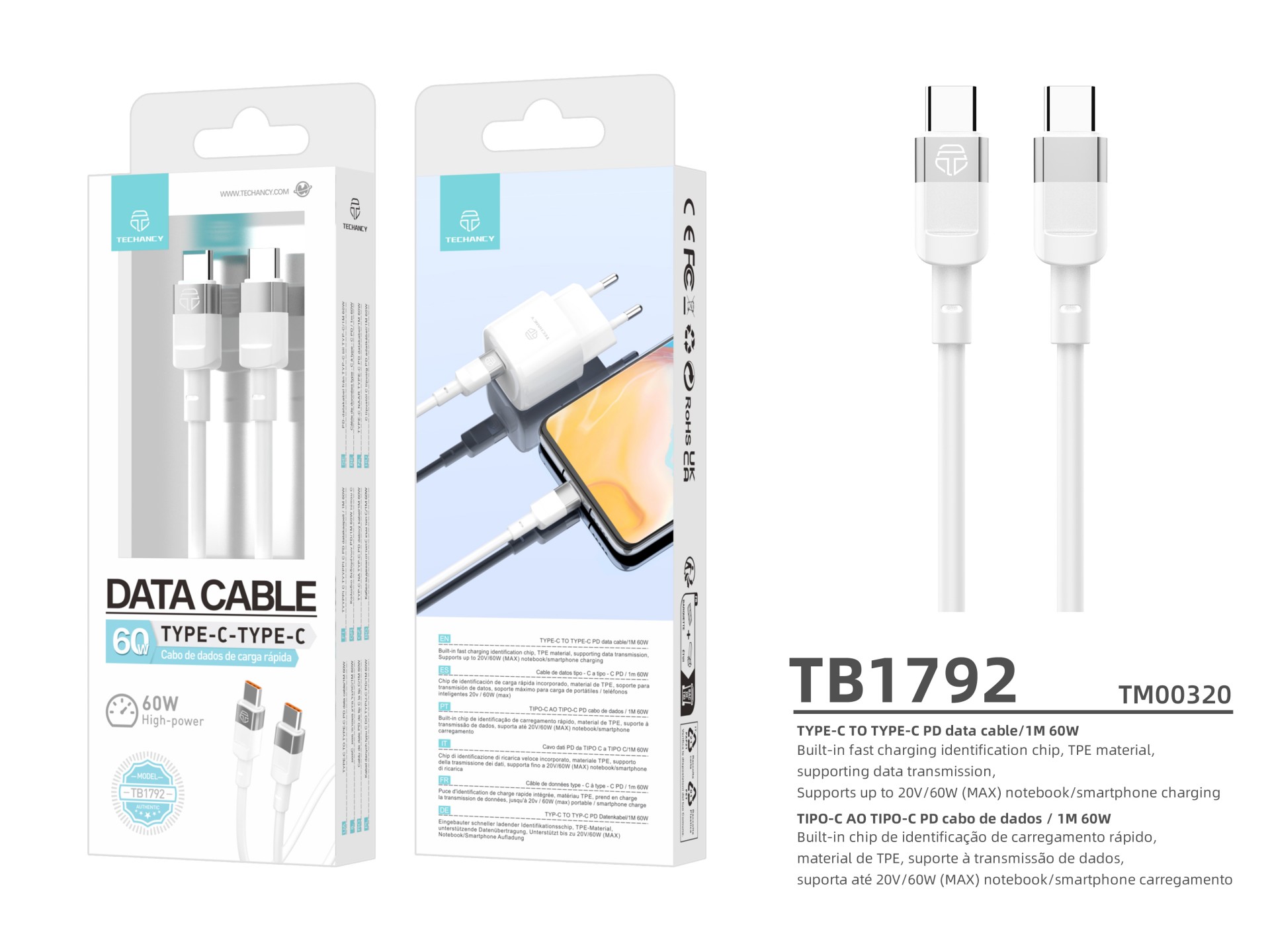 Techancy PD Data Cable 60W White 1m TB1792, USB C-USB C Supports Fast Charging and Data Transfer,