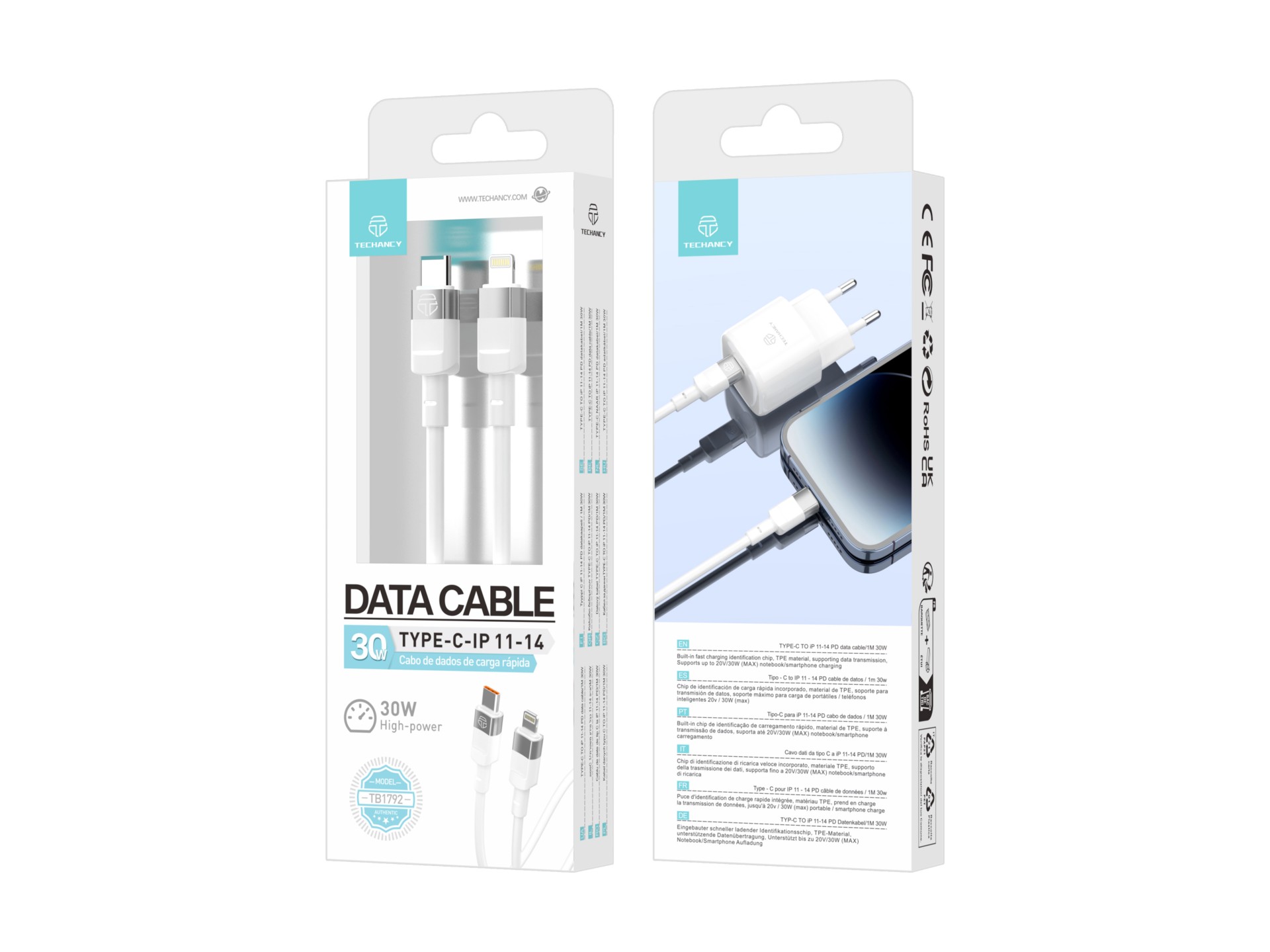 Cable de datos Techancy PD de 30 W, blanco, 1 m, TB1792, USB C-IPX/11/12-14, compatible con carga r&
