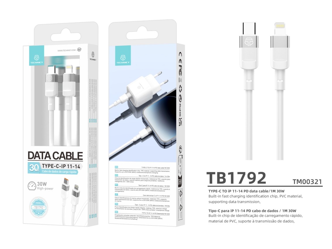 Techancy PD Data Cable 30W White 1m TB1792, USB C-IPX/11/12-14 Supports Fast Charging, Data Transfer