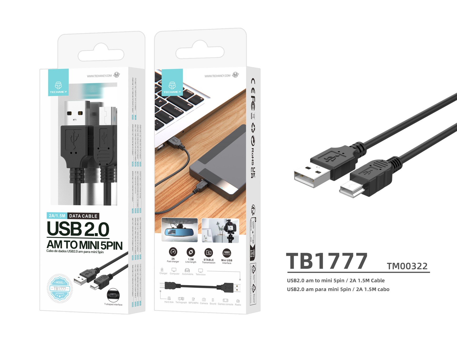 Techancy USB AM to Mini 5pin Data Cable 1.5m Black TB1777, Compatible with Hard Drive, Car Recorder,
