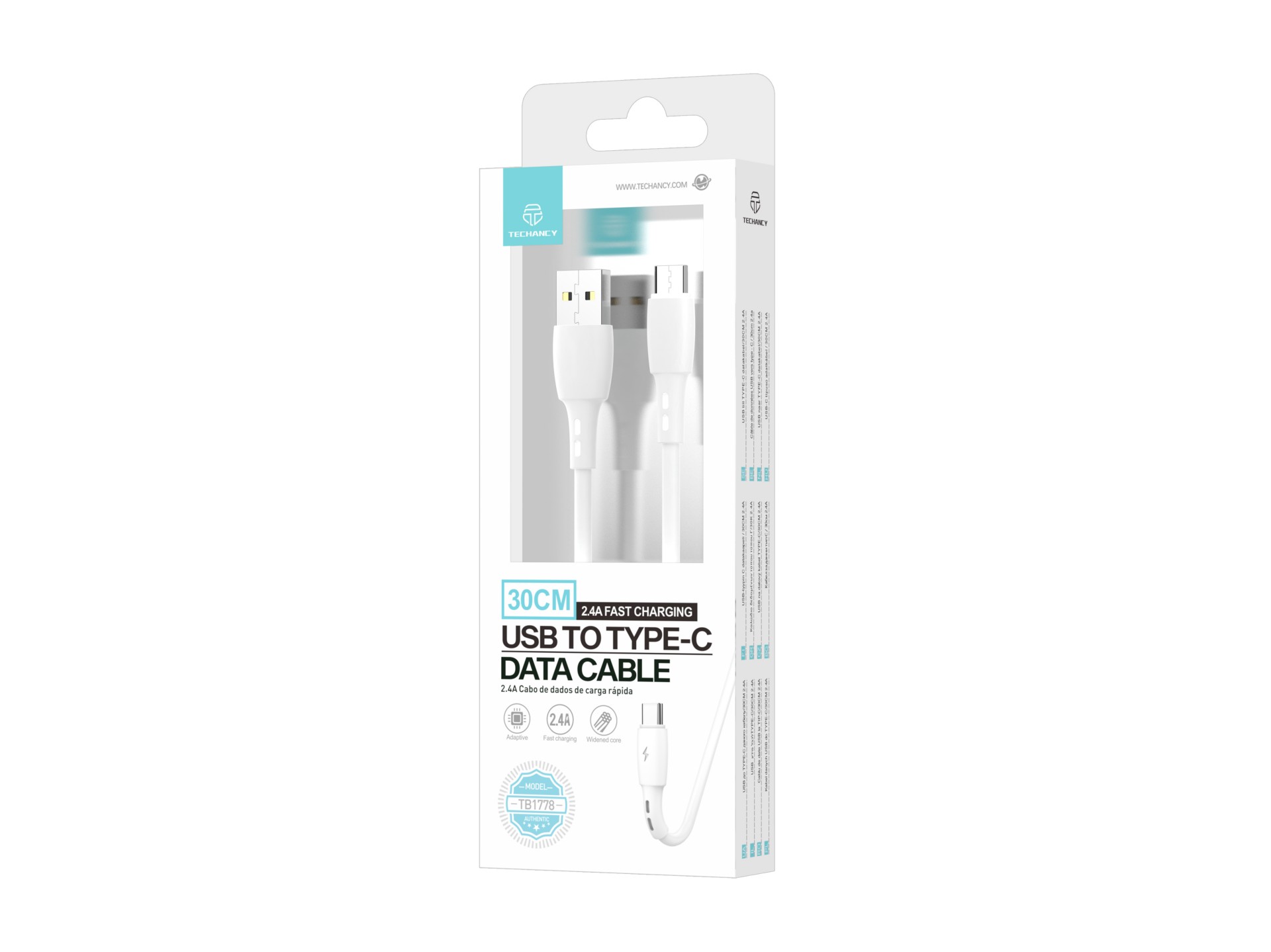 Techancy USB-Type C Data Cable White TB1778, 2.4A Charging, 30cm Suitable for Use with Power Bank