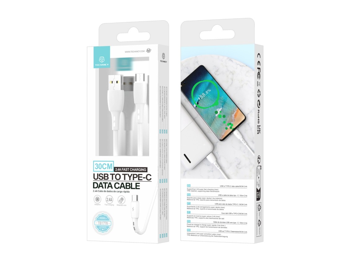Techancy USB-Type C Data Cable White TB1778, 2.4A Charging, 30cm Suitable for Use with Power Bank