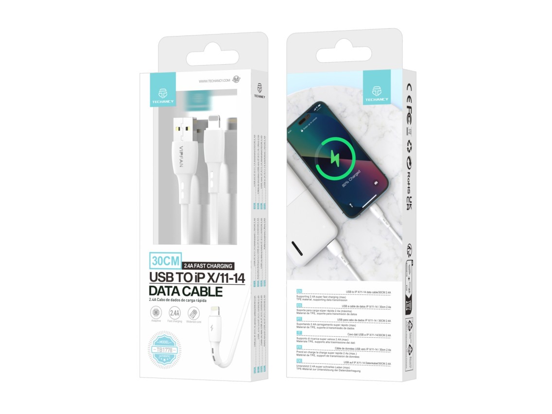 Techancy Cabo De Dados Usb-Lightning Branco TB1778, Carregamento 2,4A, 30cm Adequado Para Utilização
