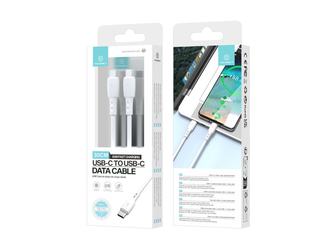 Techancy USB C to USB C Data Cable White TB1778, PD60W Charging, 30cm Suitable for Use with Power Ba