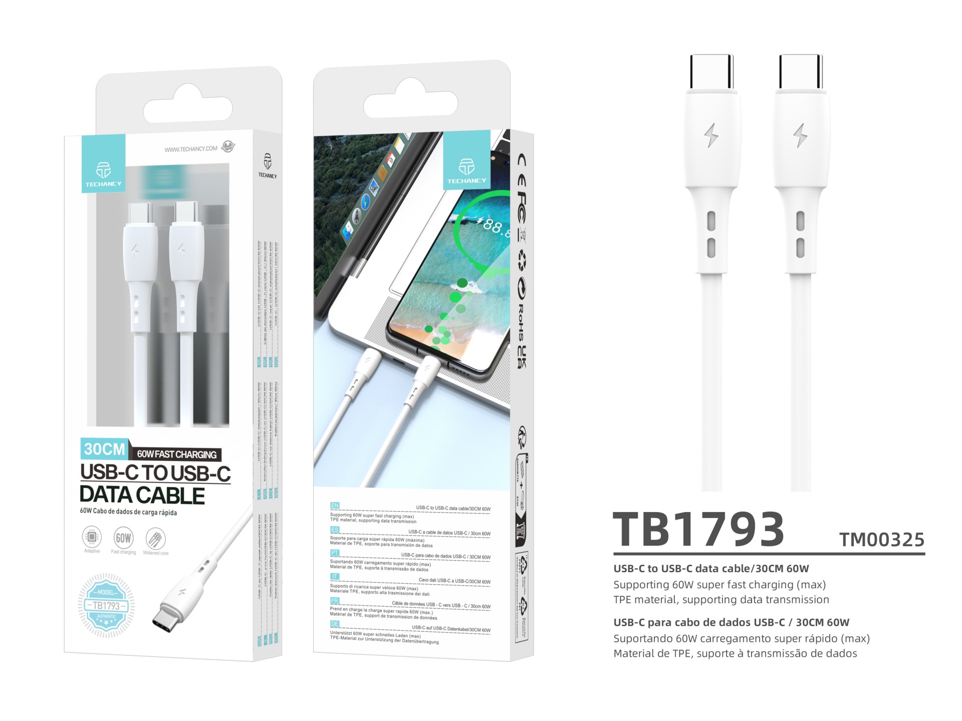 Techancy USB C to USB C Data Cable White TB1778, PD60W Charging, 30cm Suitable for Use with Power Ba