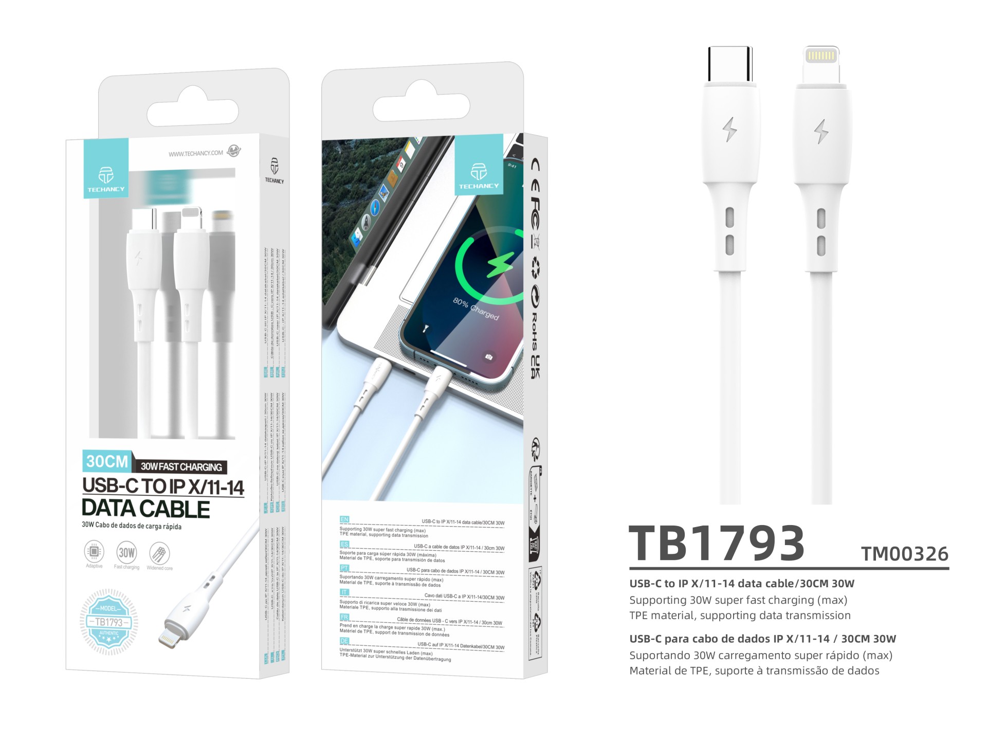 Cable de datos USB C a Lightning Techancy TB1778, blanco, carga PD30W, 30 cm, apto para usar con ban