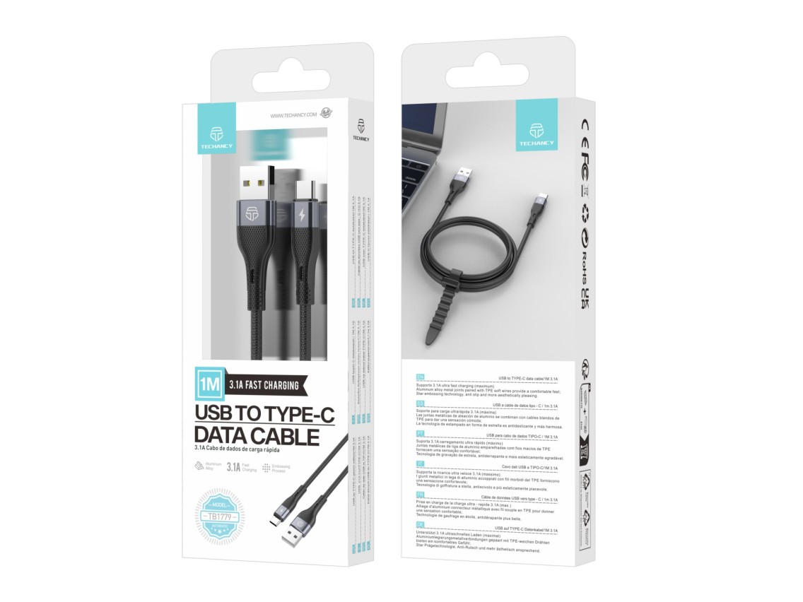 TB1779 Black USB Type-C Data Cable, 3.1A Fast Charging, Supports 480Mbps Data Transfer