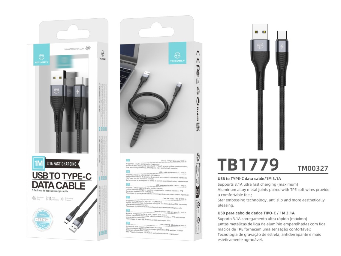 TB1779 Black USB Type-C Data Cable, 3.1A Fast Charging, Supports 480Mbps Data Transfer