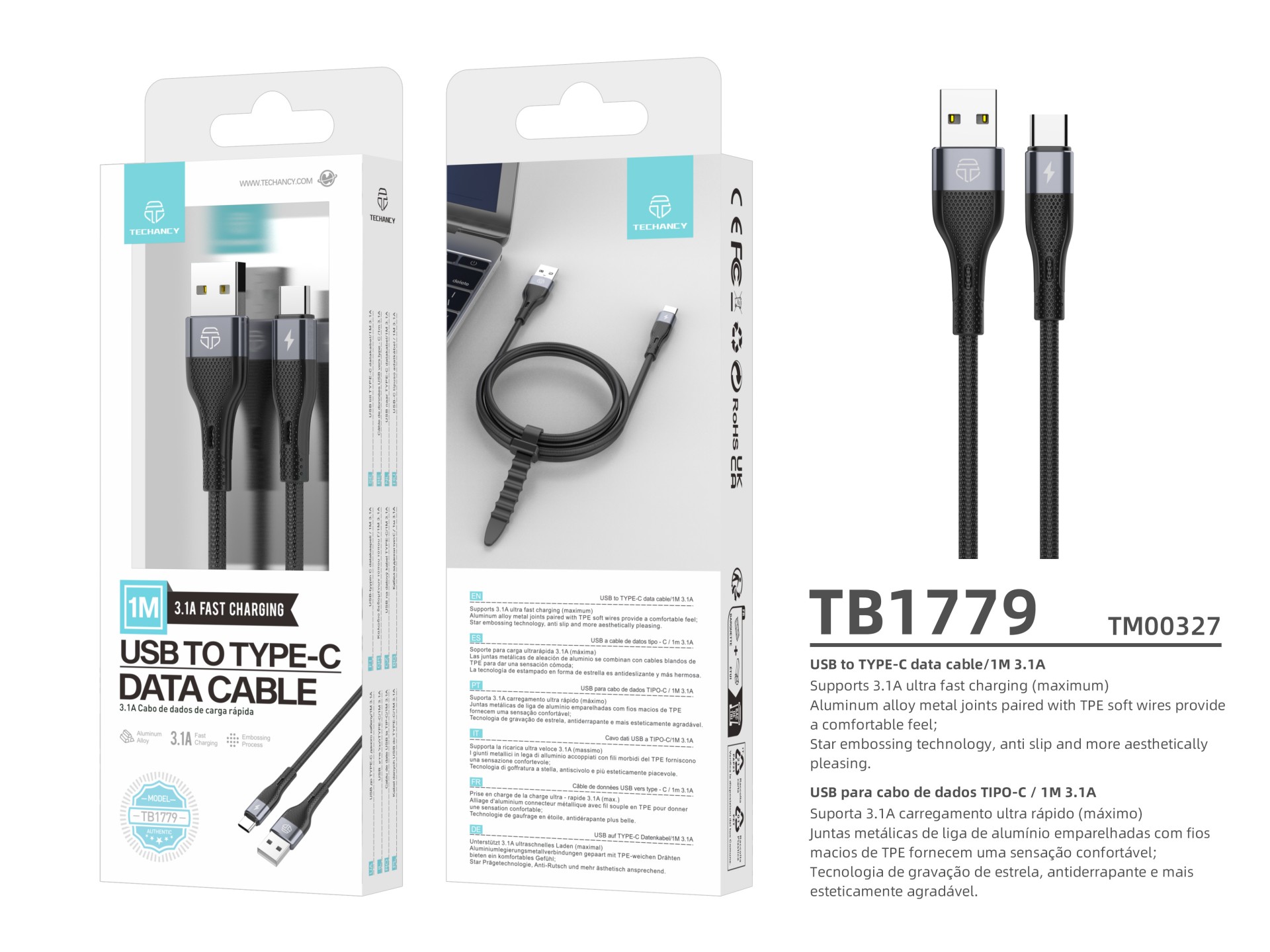 TB1779 Black USB Type-C Data Cable, 3.1A Fast Charging, Supports 480Mbps Data Transfer