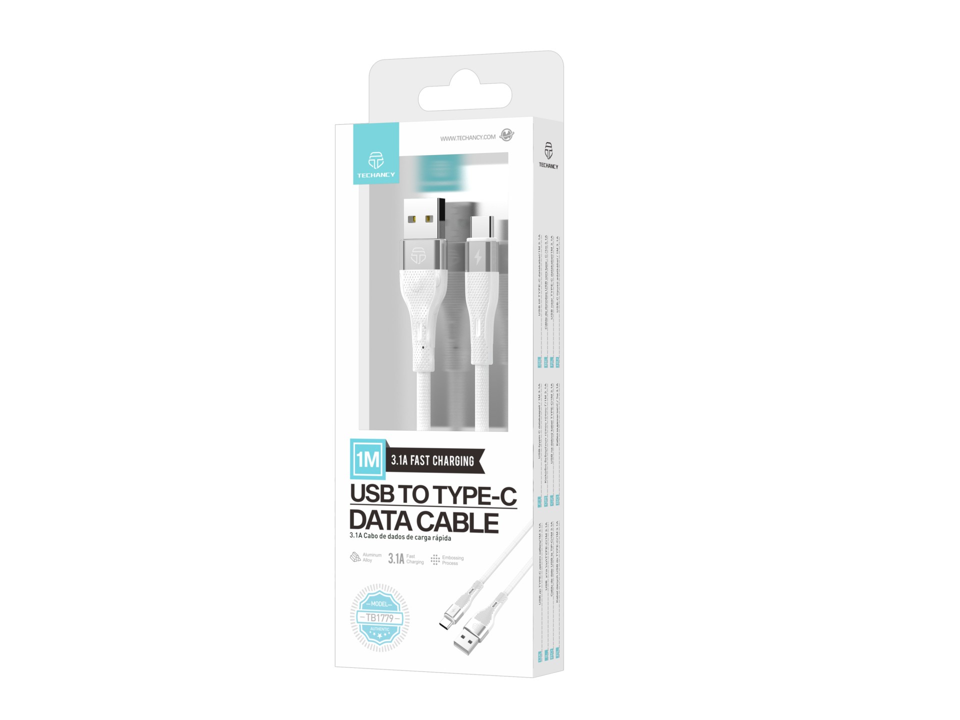 Techancy Cabo De Dados Usb Tipo C Branco TB1779, Carregamento Rápido De 3,1 A, Suporte Para Transfer