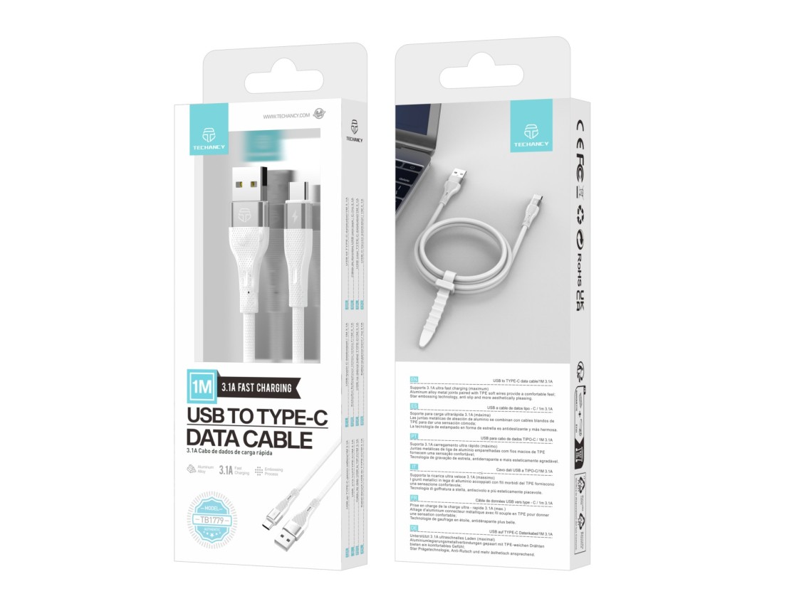 Techancy Cabo De Dados Usb Tipo C Branco TB1779, Carregamento Rápido De 3,1 A, Suporte Para Transfer