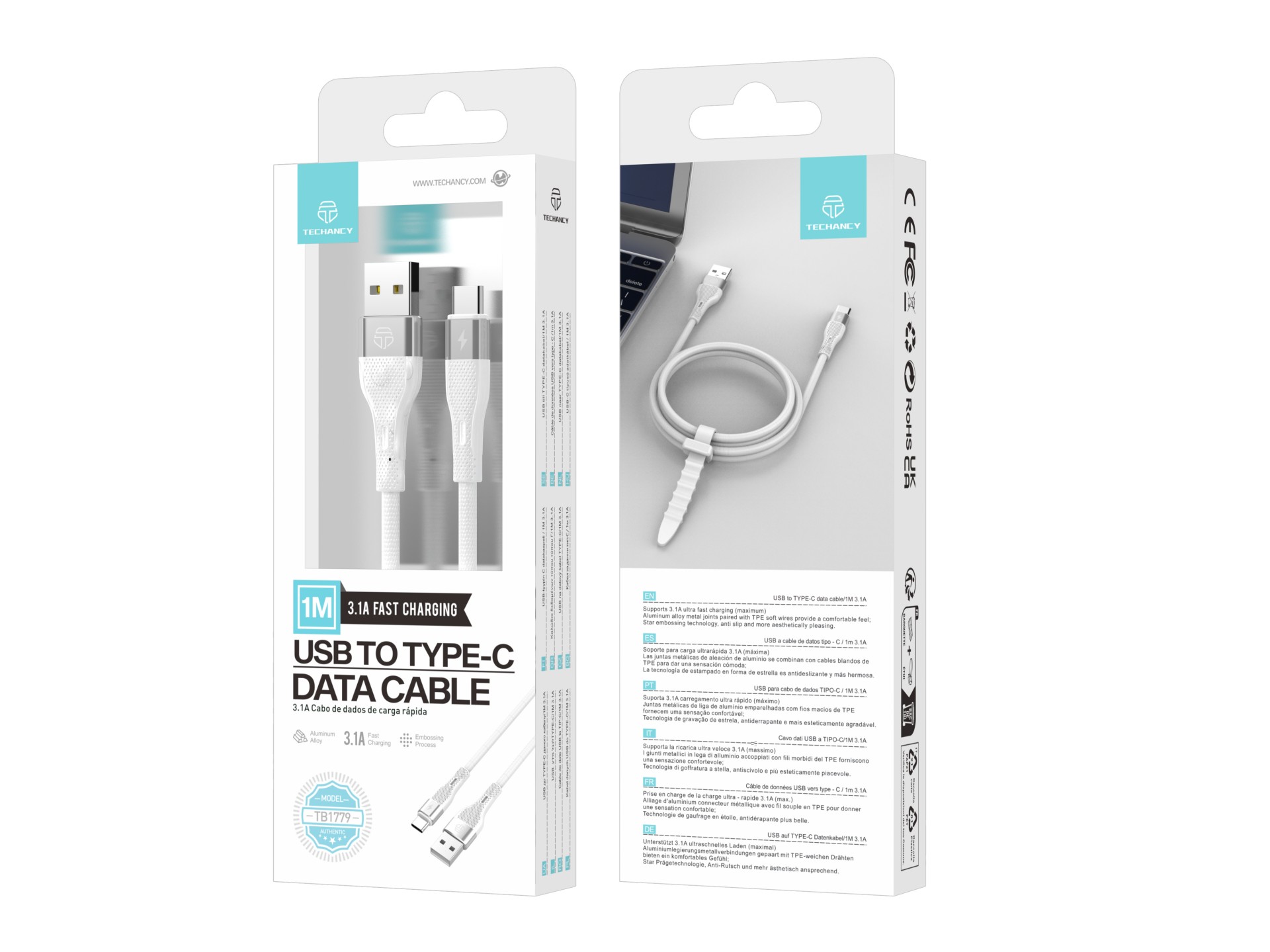 Techancy Cabo De Dados Usb Tipo C Branco TB1779, Carregamento Rápido De 3,1 A, Suporte Para Transfer
