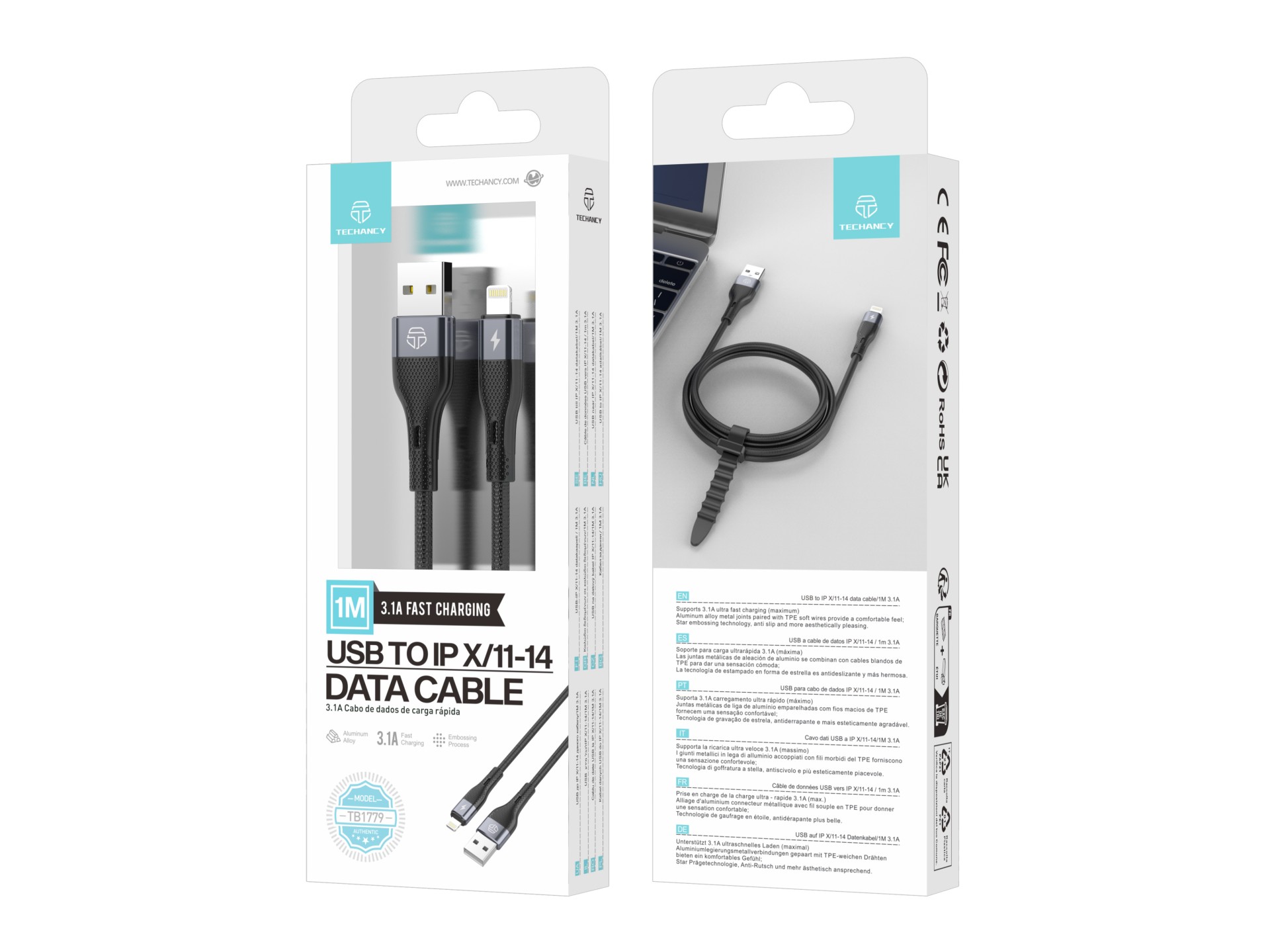 TB1779 Black Lightning USB Data Cable, 3.1A Fast Charging, Supports 480Mbps Data Transfer