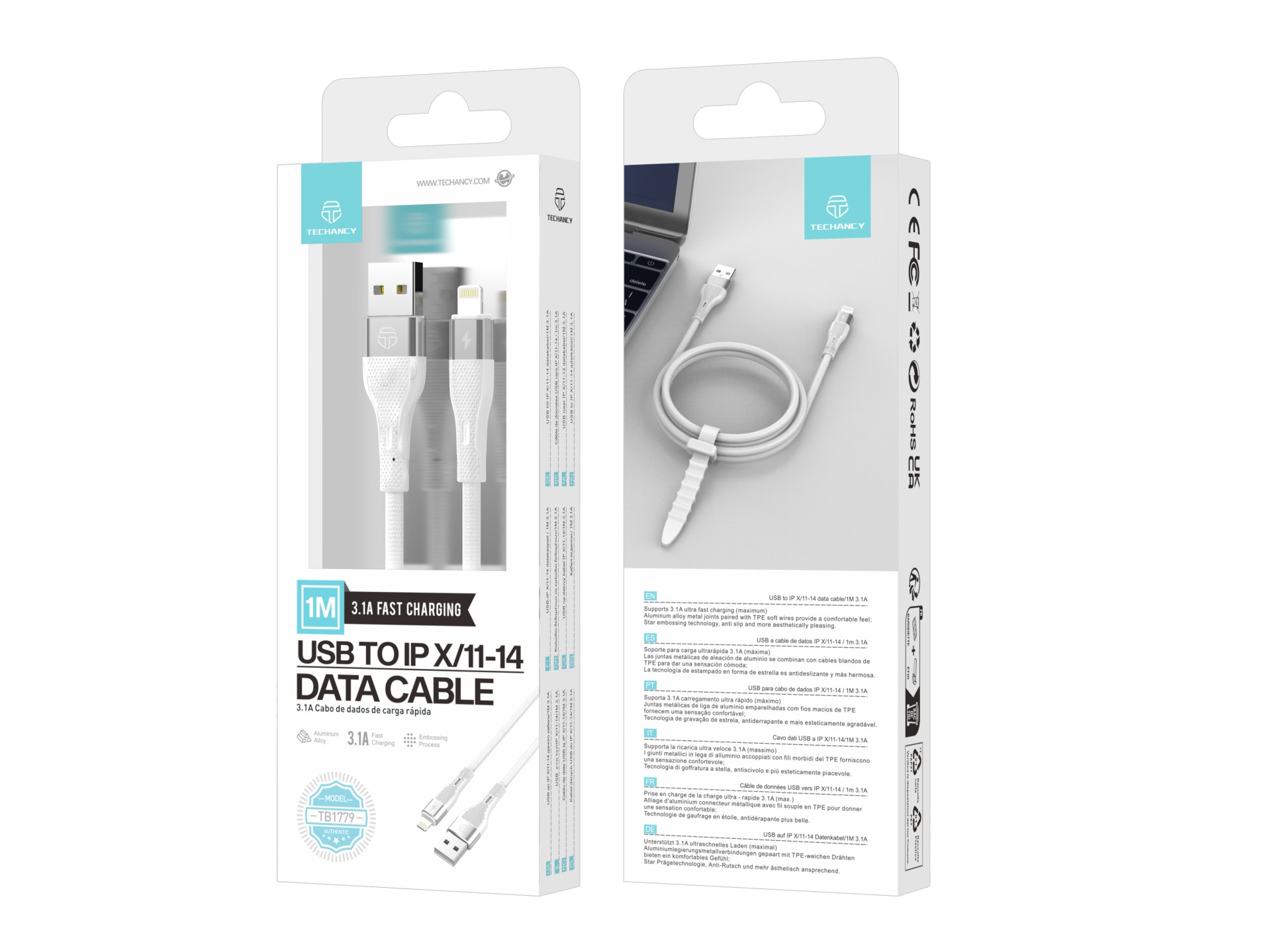 Techancy USB Lightning Data Cable White TB1779, 3.1A Fast Charging, Support 480Mbps Data Transfer