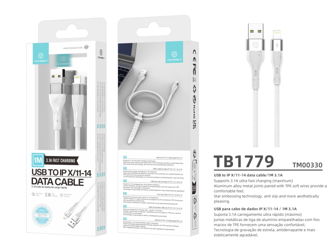 Techancy Cabo De Dados Usb Lightning Branco TB1779, Carregamento Rápido De 3,1 A, Suporte Para Trans