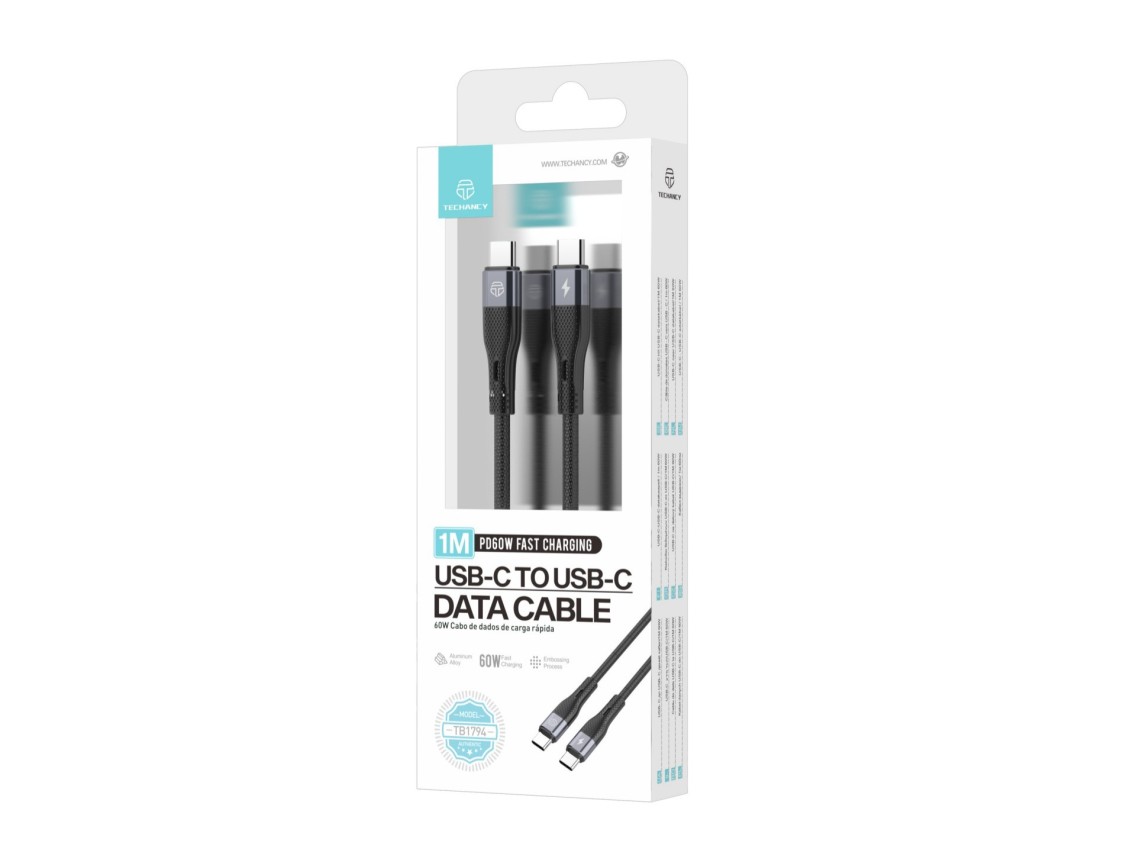 Techancy Cabo de carregamento rápido PD USB C para USB C Preto TB1779, carregamento rápido de 60 W,