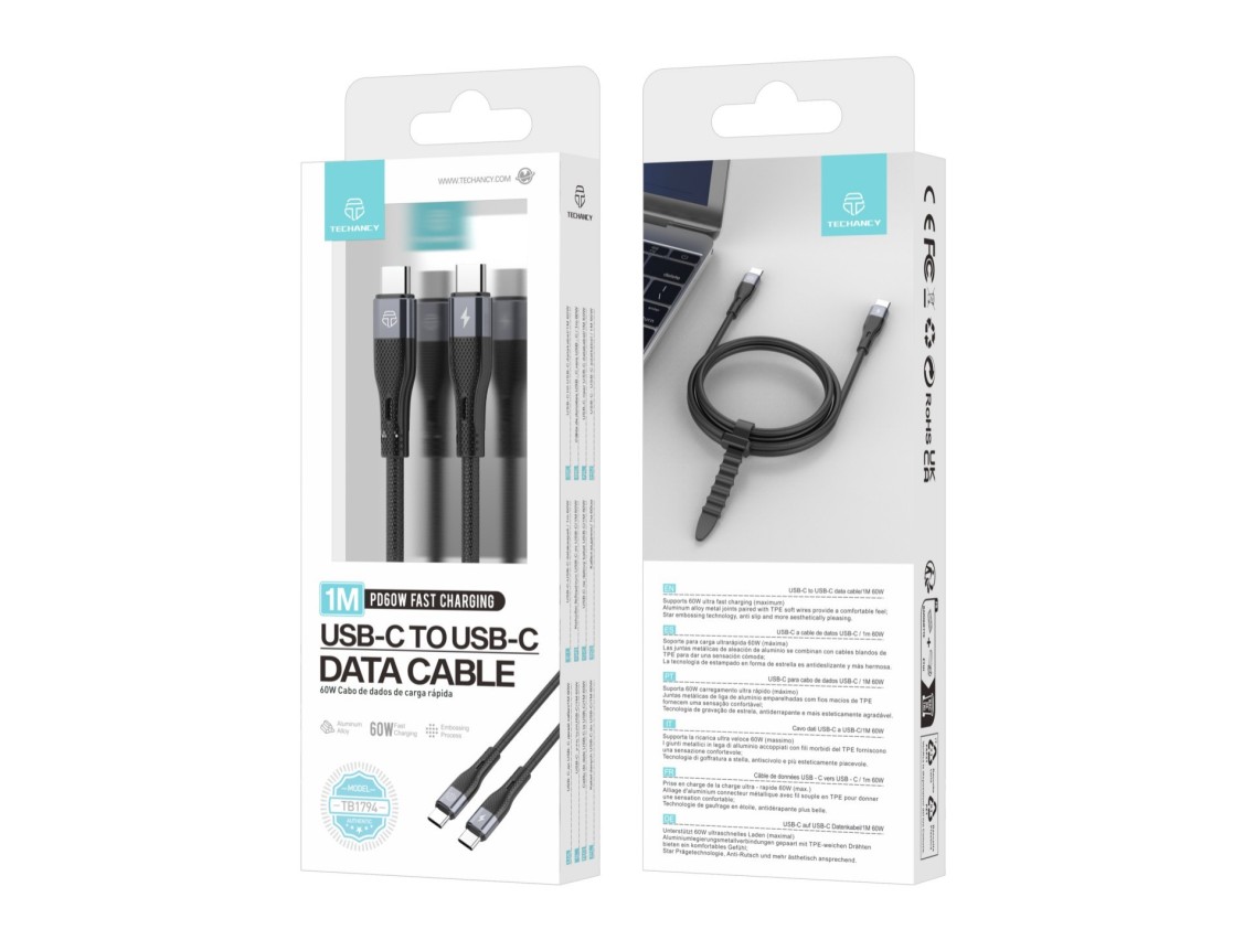 Techancy PD USB C to USB C Fast Charging Cable Black TB1779, 60W Fast Charging, Length 1m