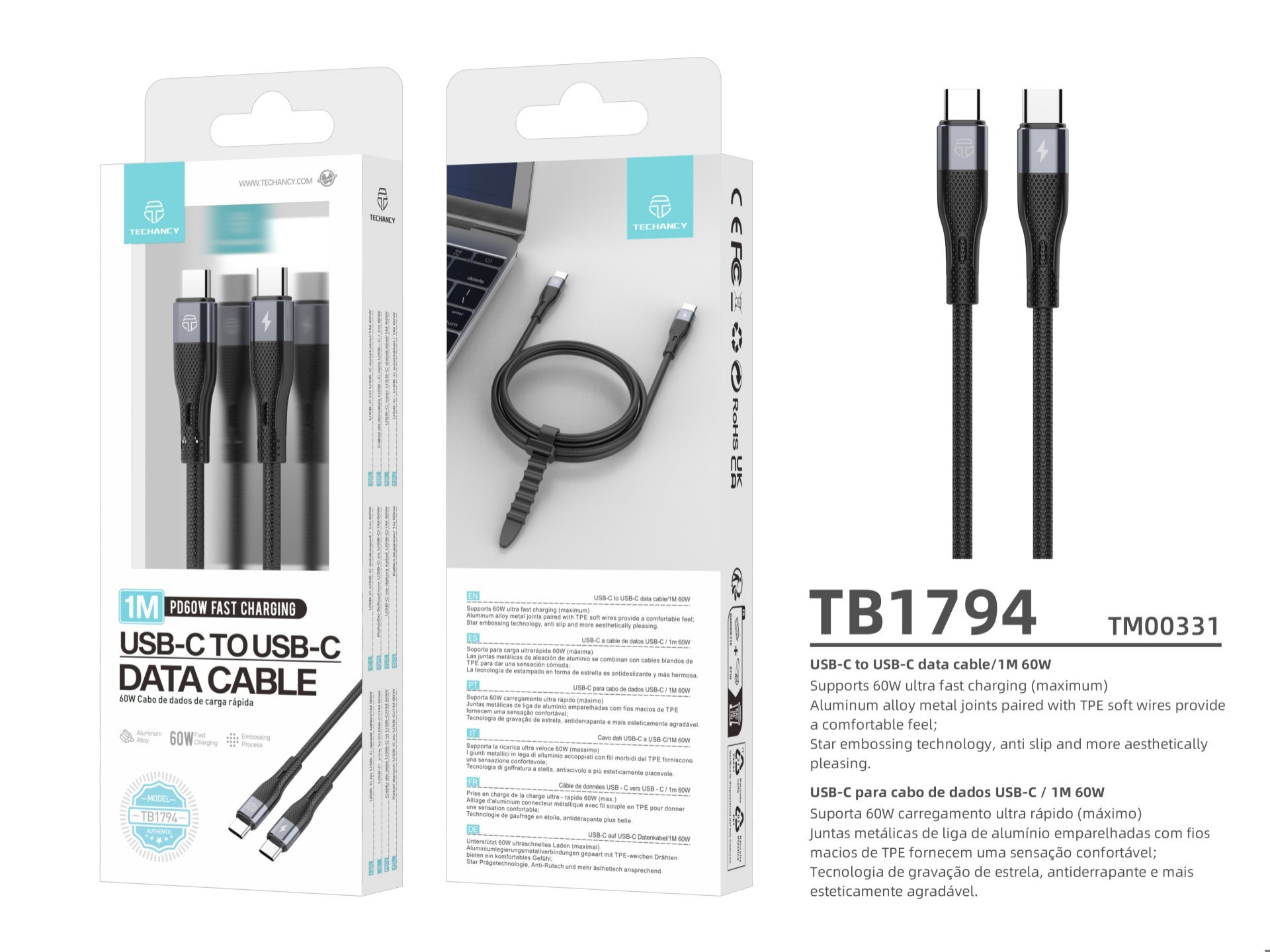 Techancy PD USB C to USB C Fast Charging Cable Black TB1779, 60W Fast Charging, Length 1m
