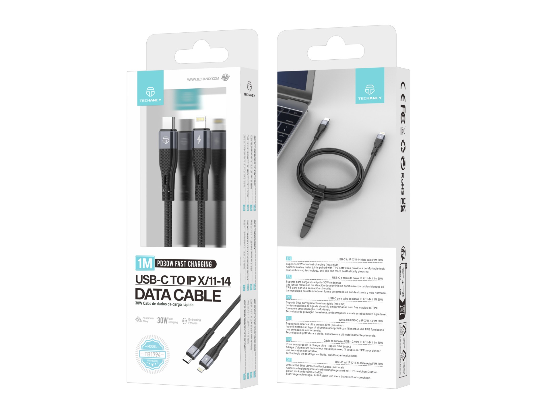 Techancy PD USB C to Lightning Fast Charging Cable Black TB1779, 30W Fast Charging, Length 1m