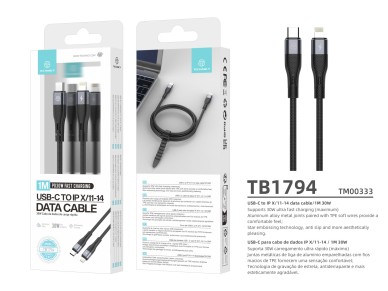 Techancy PD USB C to Lightning Fast Charging Cable Black TB1779, 30W Fast Charging, Length 1m