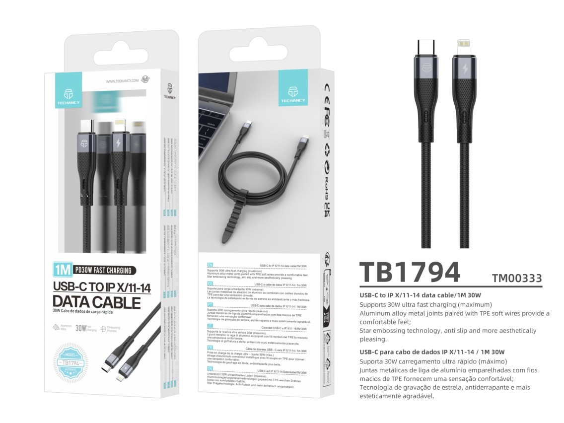 Techancy PD USB C to Lightning Fast Charging Cable Black TB1779, 30W Fast Charging, Length 1m
