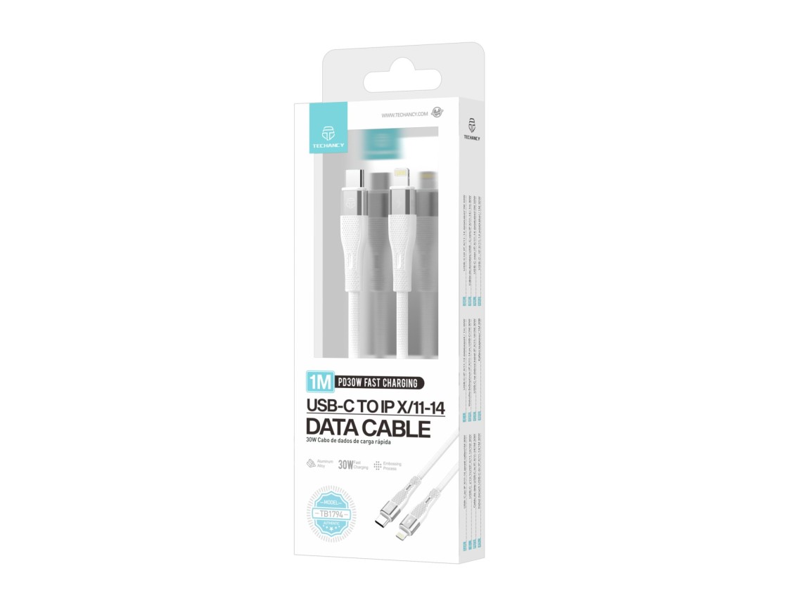 Techancy Fast Charging Cable PD USB C to Lightning White TB1779, 30W Fast Charging, Length 1M
