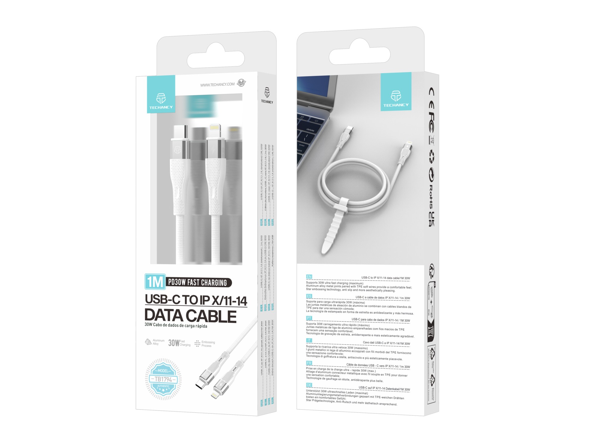 Techancy Fast Charging Cable PD USB C to Lightning White TB1779, 30W Fast Charging, Length 1M