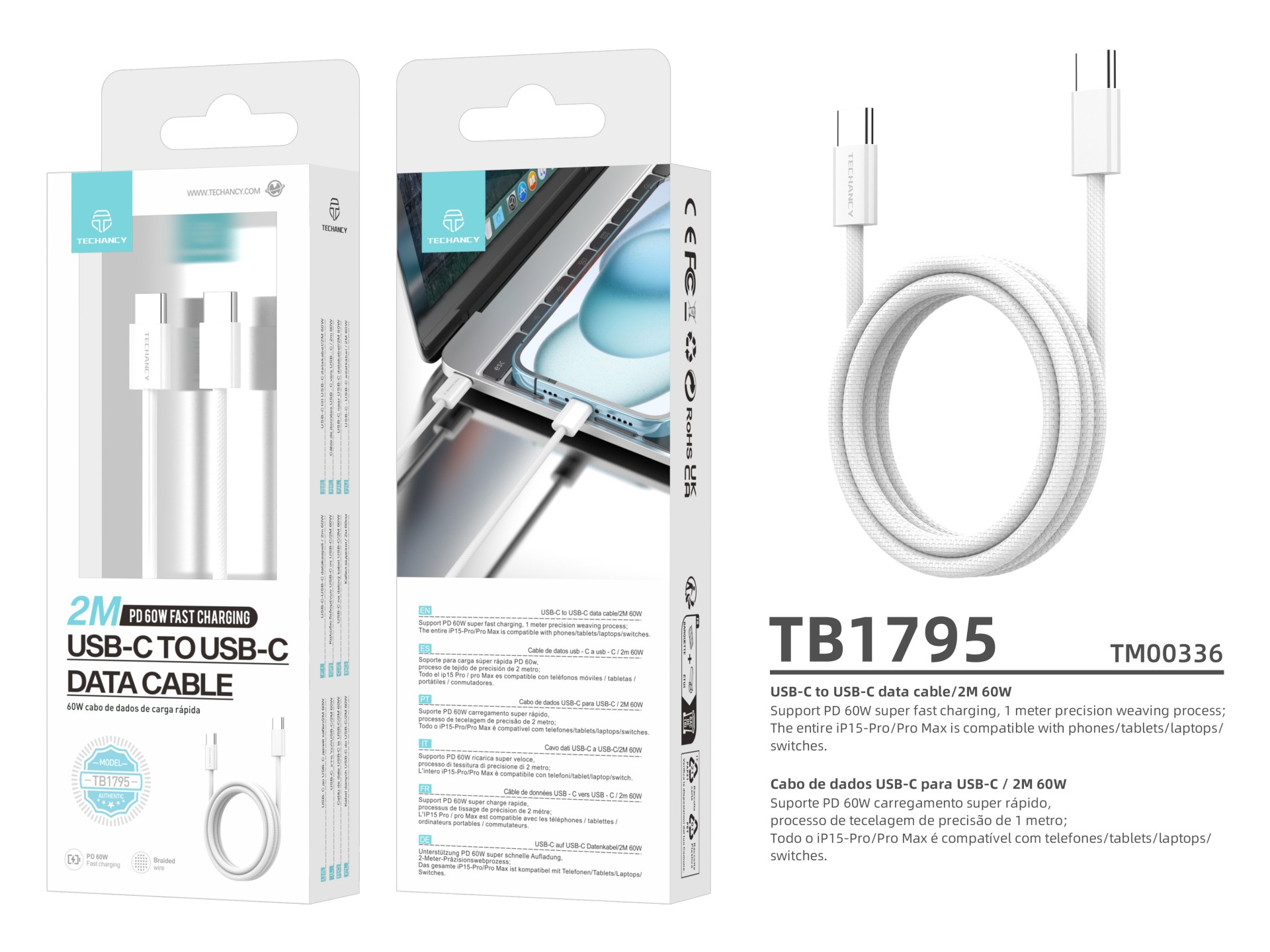 Techancy 60W USB C to USB C Fast Charging Data Cable TB1795, 2M Length, Braided Cable