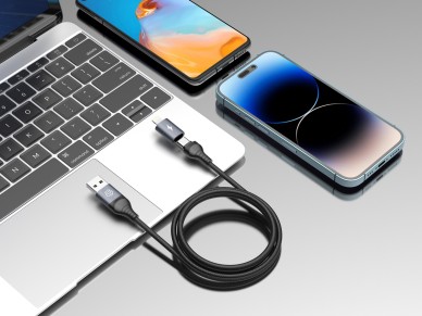 Cable de datos USB 2 en 1 Techancy TB1739 negro, carga rápida de 3,1 A, tipo C/Lightning en amb