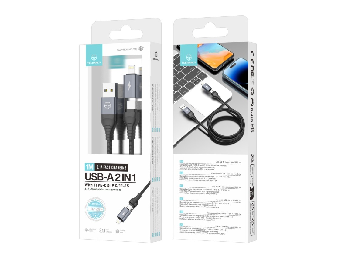 Techancy Cabo De Dados Usb 2 Em 1 Preto TB1739, Carregamento Rápido De 3,1 A, Tipo C/Lightning Em Am