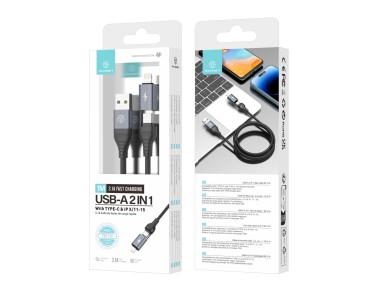 Cable de datos USB 2 en 1 Techancy TB1739 negro, carga rápida de 3,1 A, tipo C/Lightning en amb