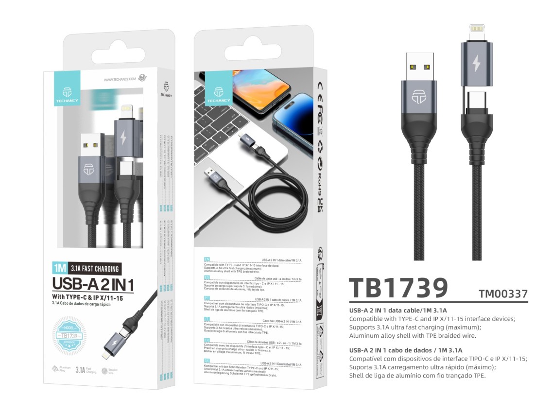 Techancy Cabo De Dados Usb 2 Em 1 Preto TB1739, Carregamento Rápido De 3,1 A, Tipo C/Lightning Em Am