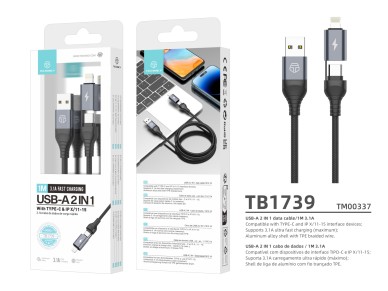Cable de datos USB 2 en 1 Techancy TB1739 negro, carga rápida de 3,1 A, tipo C/Lightning en amb