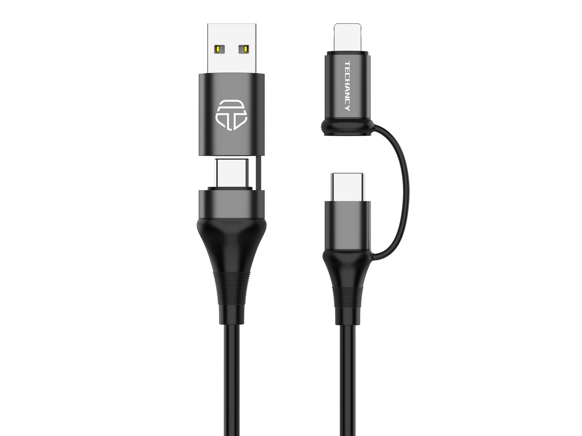 Techancy 4-in-1 Multifunction Data Cable Black TB1740, 60w/1m, USB/USB C to Type C/Lightning, Suppor