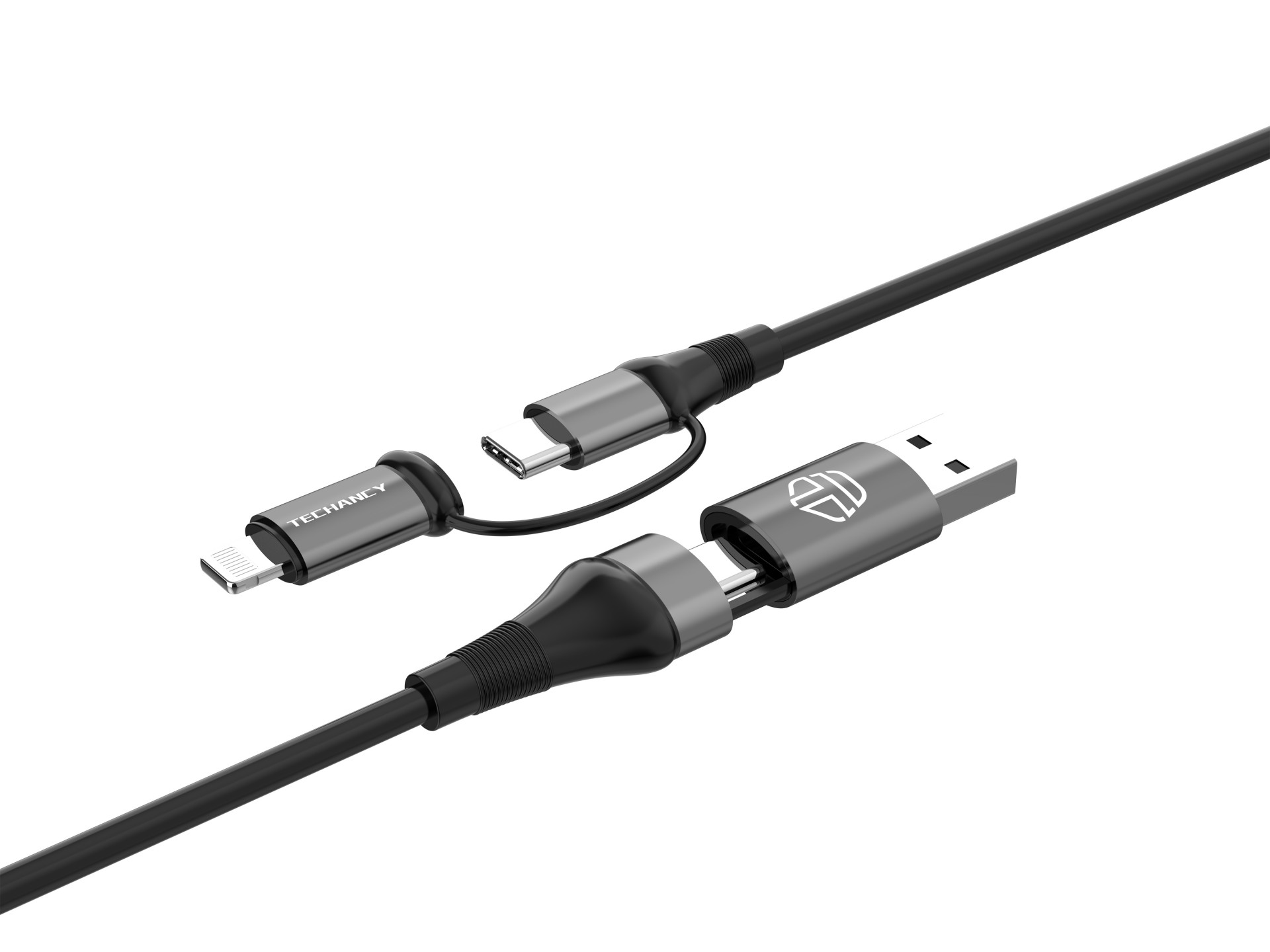 Techancy 4-in-1 Multifunction Data Cable Black TB1740, 60w/1m, USB/USB C to Type C/Lightning, Suppor