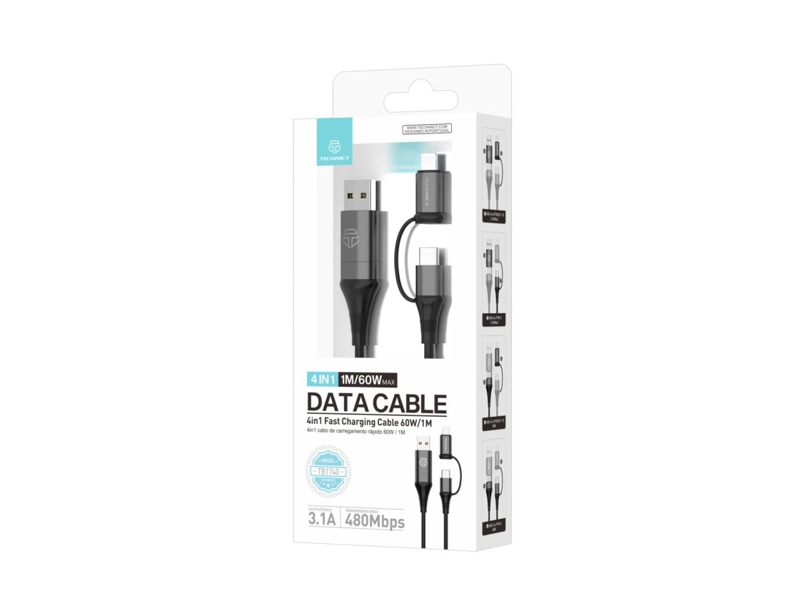 Techancy 4-in-1 Multifunction Data Cable Black TB1740, 60w/1m, USB/USB C to Type C/Lightning, Suppor