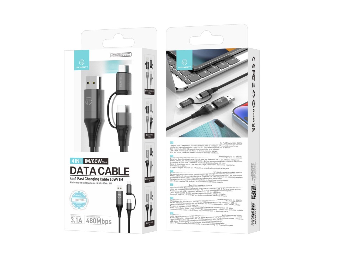 Techancy 4-in-1 Multifunction Data Cable Black TB1740, 60w/1m, USB/USB C to Type C/Lightning, Suppor