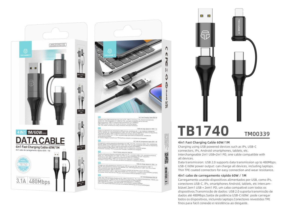 Techancy 4-in-1 Multifunction Data Cable Black TB1740, 60w/1m, USB/USB C to Type C/Lightning, Suppor