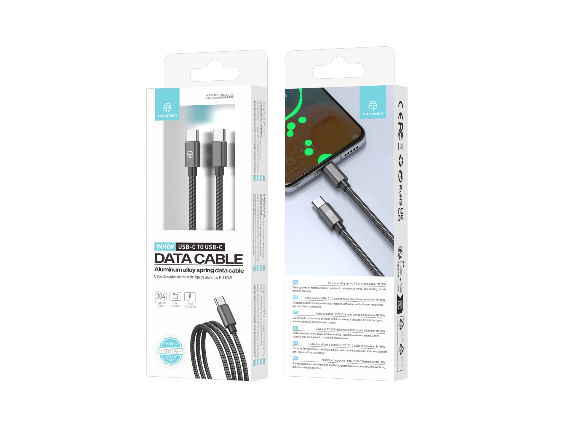 Techancy USB C to USB C Cable 1m TB1796, All-Metal Design, Animal Resistant, 60 Watt Fast Charging