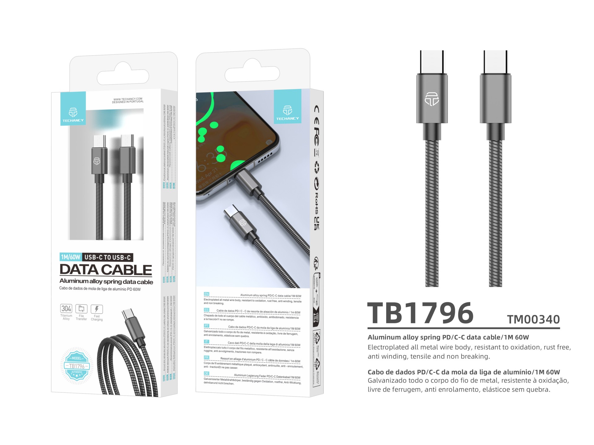 Techancy USB C to USB C Cable 1m TB1796, All-Metal Design, Animal Resistant, 60 Watt Fast Charging