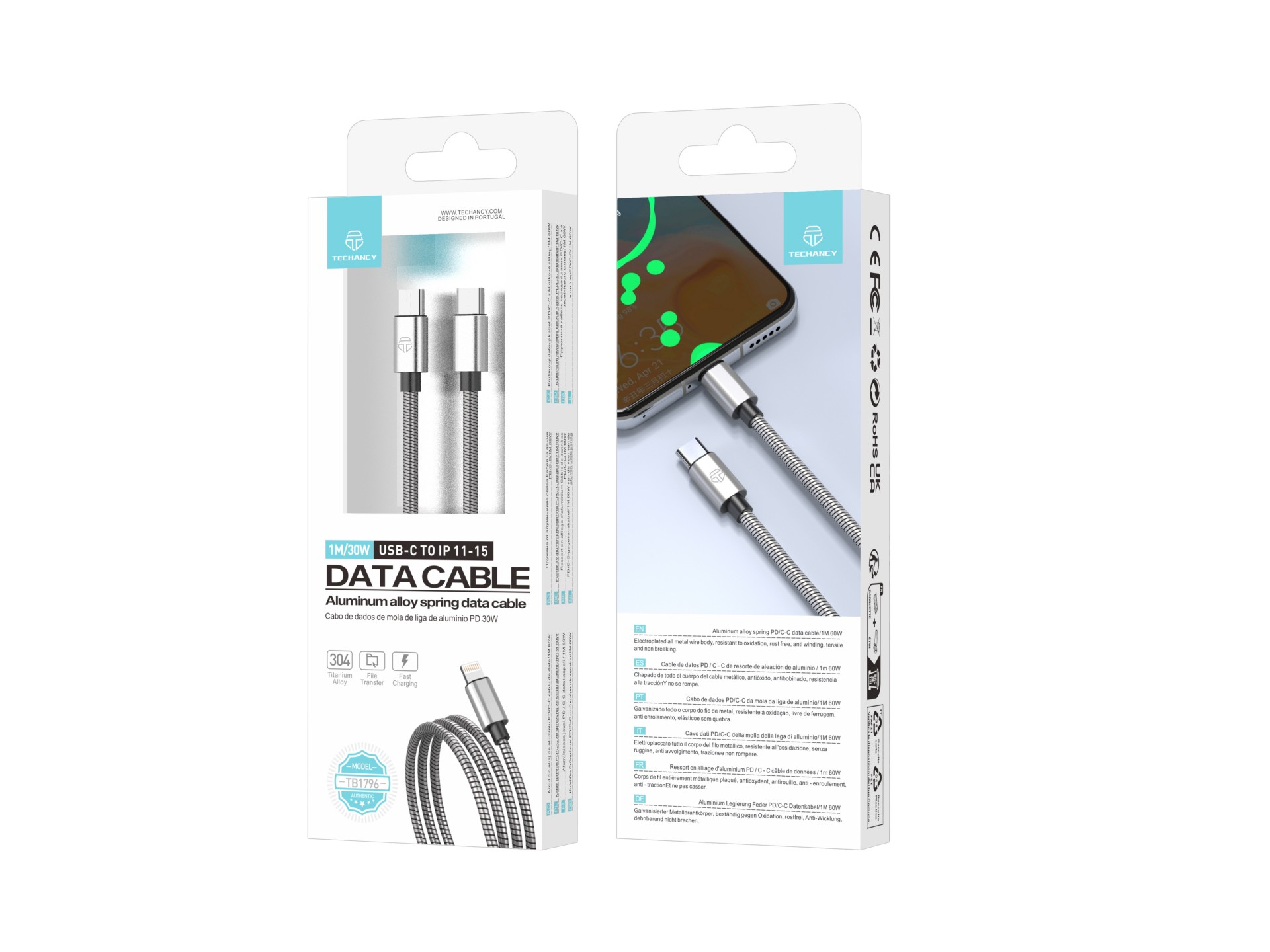 Techancy USB-C to Lightning Cable 1m TB1796, All Metal Design, Pet Resistant, 30 Watt Fast Charging