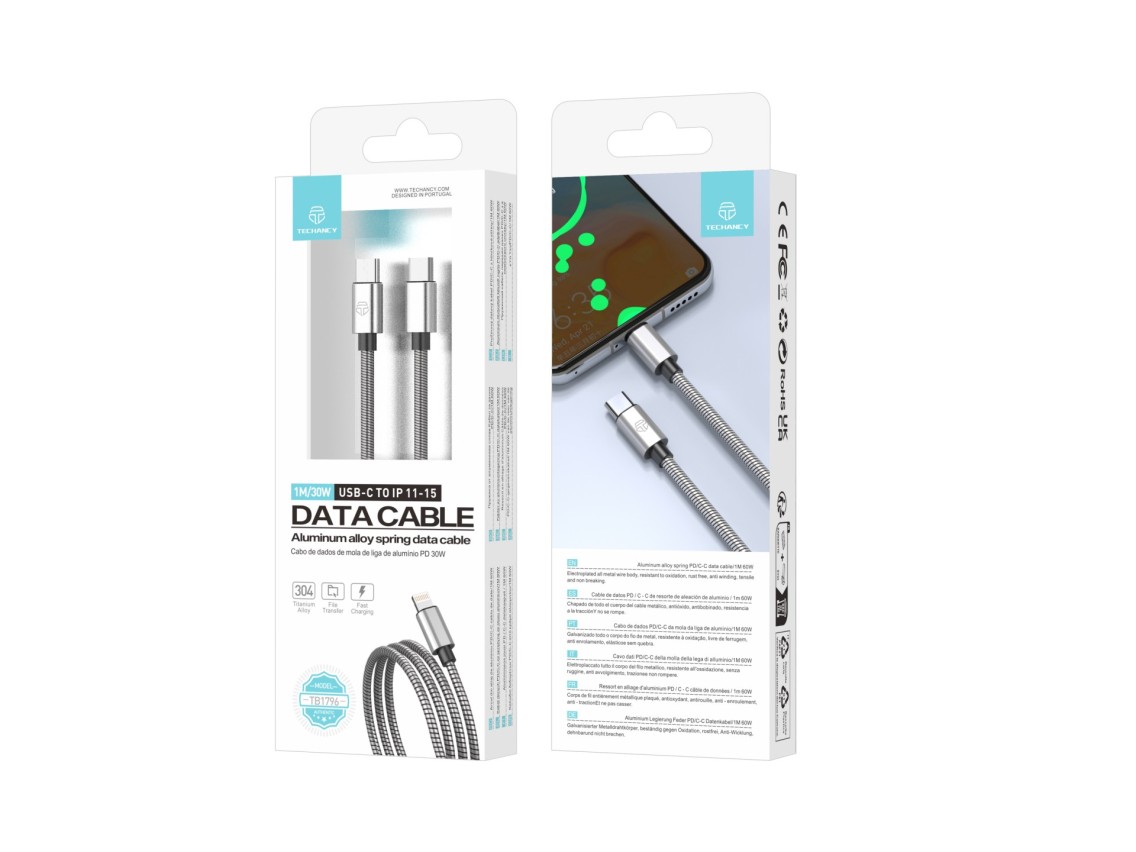Techancy USB-C to Lightning Cable 1m TB1796, All Metal Design, Pet Resistant, 30 Watt Fast Charging