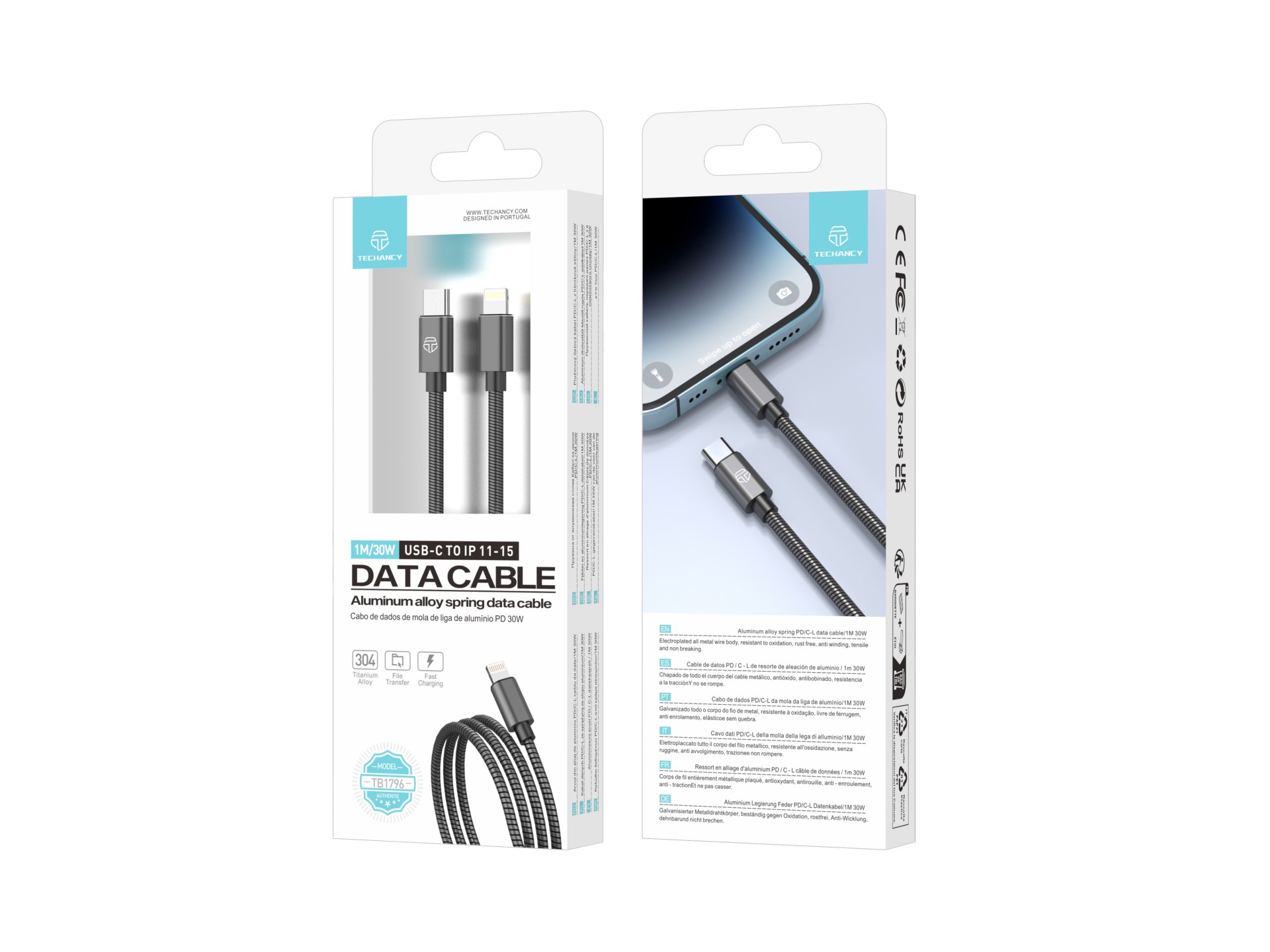 Techancy Cabo Usb C Para Lightning 1m TB1796, Design Totalmente Metálico, Resistente A Animais, Carr