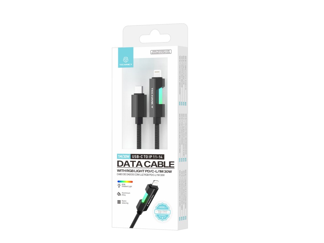 Techancy USB-C to Lightning Cable TB1797, 1 Meter/30 Watts, RGB Lights, Aluminum Braided, Compatible