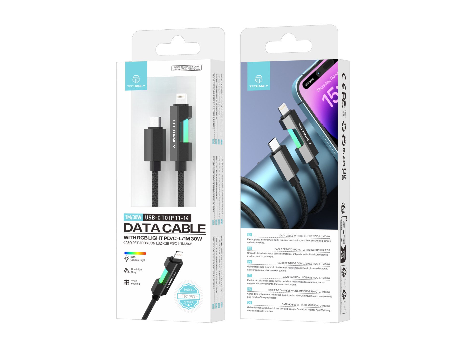 Techancy USB-C to Lightning Cable TB1797, 1 Meter/30 Watts, RGB Lights, Aluminum Braided, Compatible